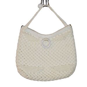 Vintage 70s Macrame Handbag Purse Medium Off White Lined Boho